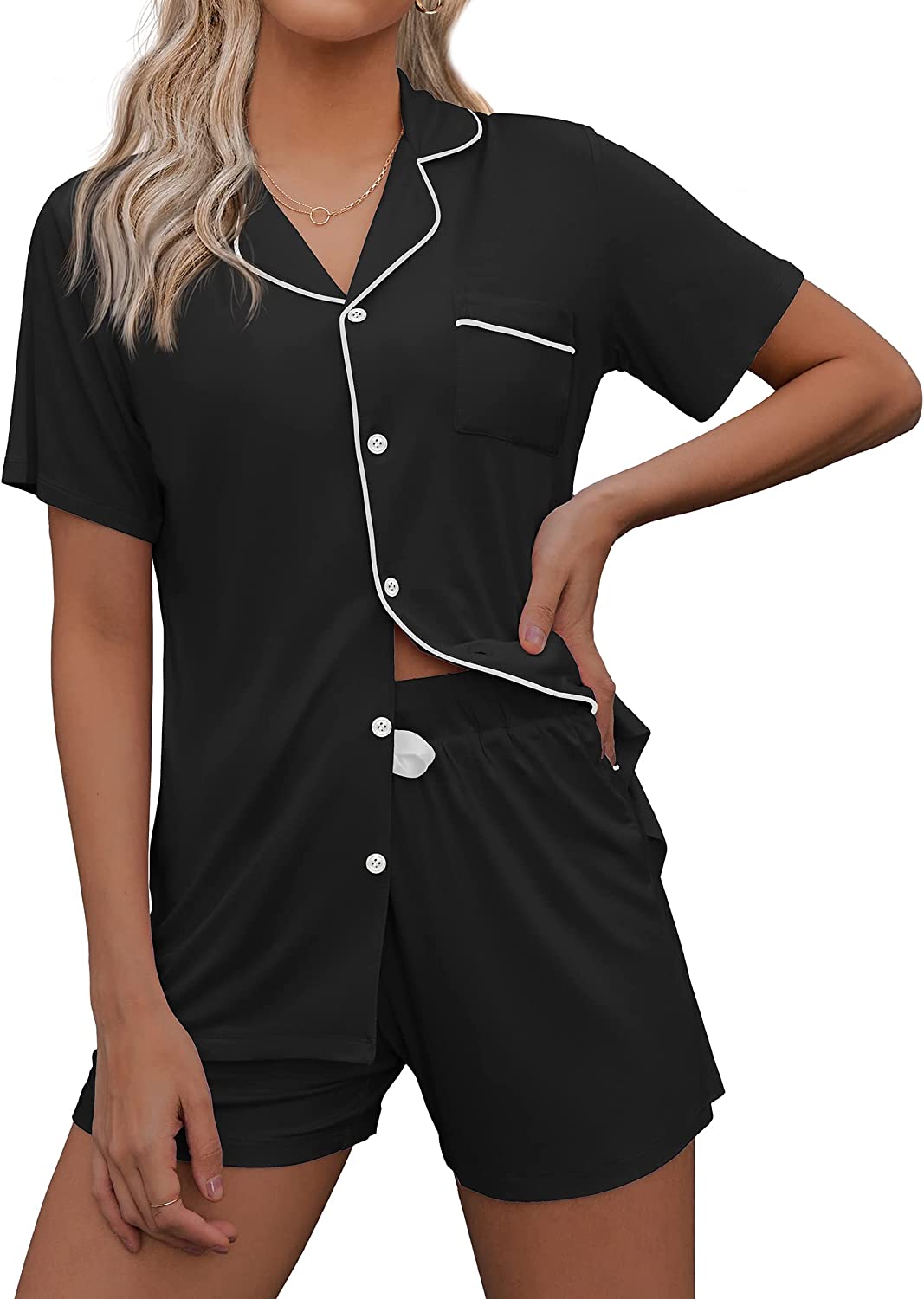 Ekouaer Pajamas Women Short Sleeve Sleepwear Button Down Loungewear Soft Pjs Shorts Set