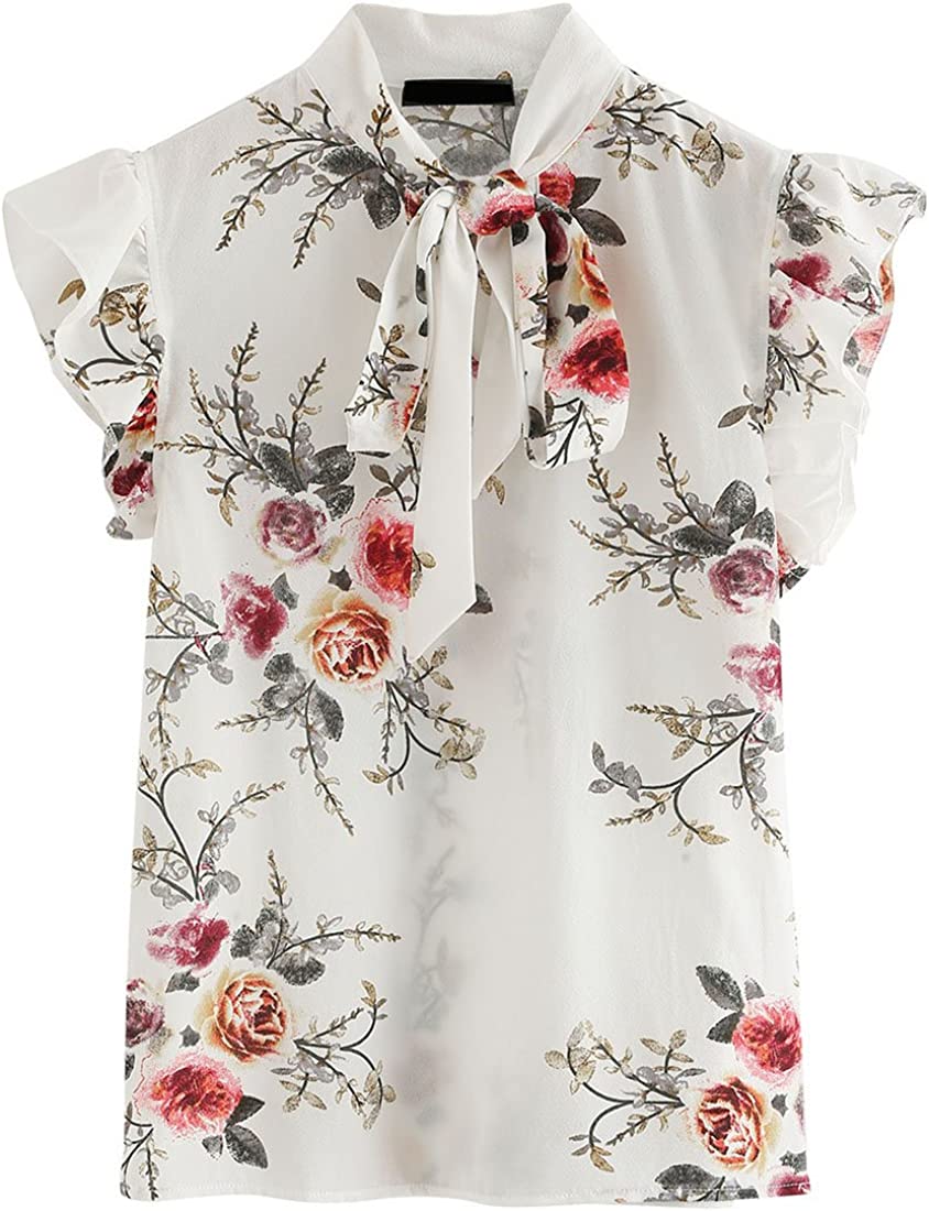 Romwe Women's Casual Short Sleeve Ruffle Trim Bow Tie Blouse Top Shirts