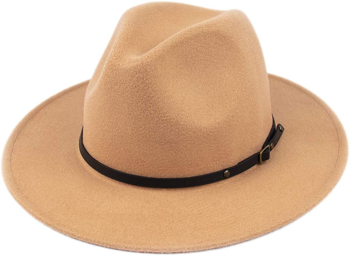 Lanzom Womens Classic Wide Brim Floppy Panama Hat Belt Buckle Wool Fedora Hat