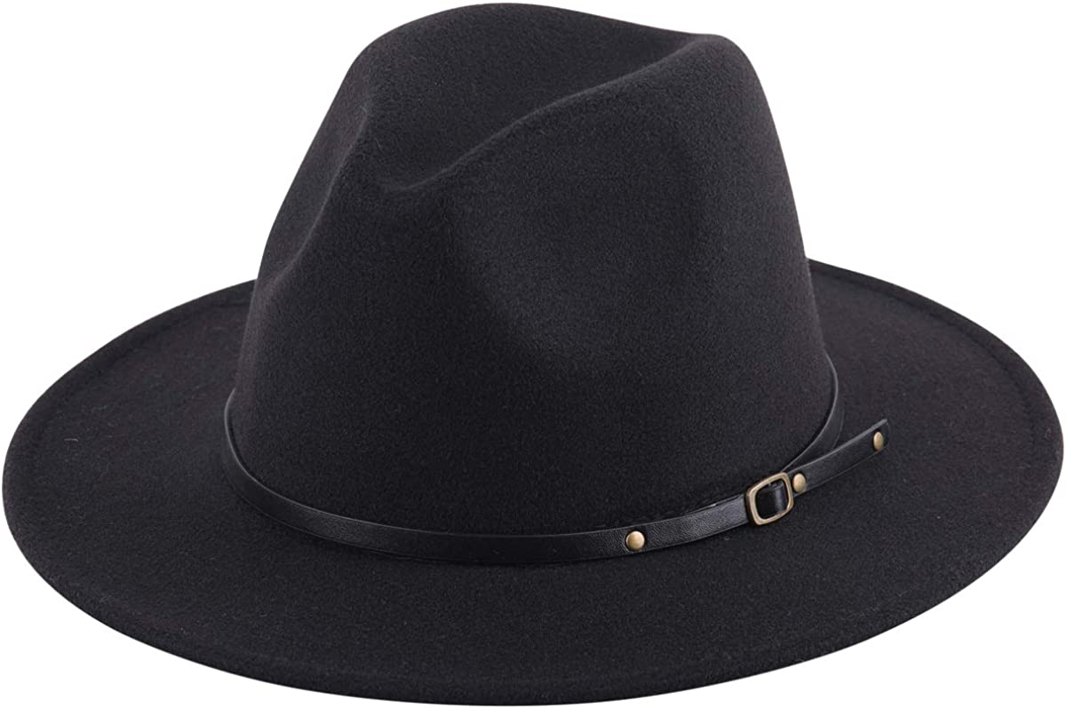 Lanzom Women Lady Retro Wide Brim Floppy Panama Hat Belt Buckle Wool Fedora Hat