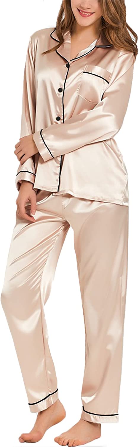SWOMOG Womens Silk Satin Pajamas Loungewear Two-piece Sleepwear Button-Down Pj Set