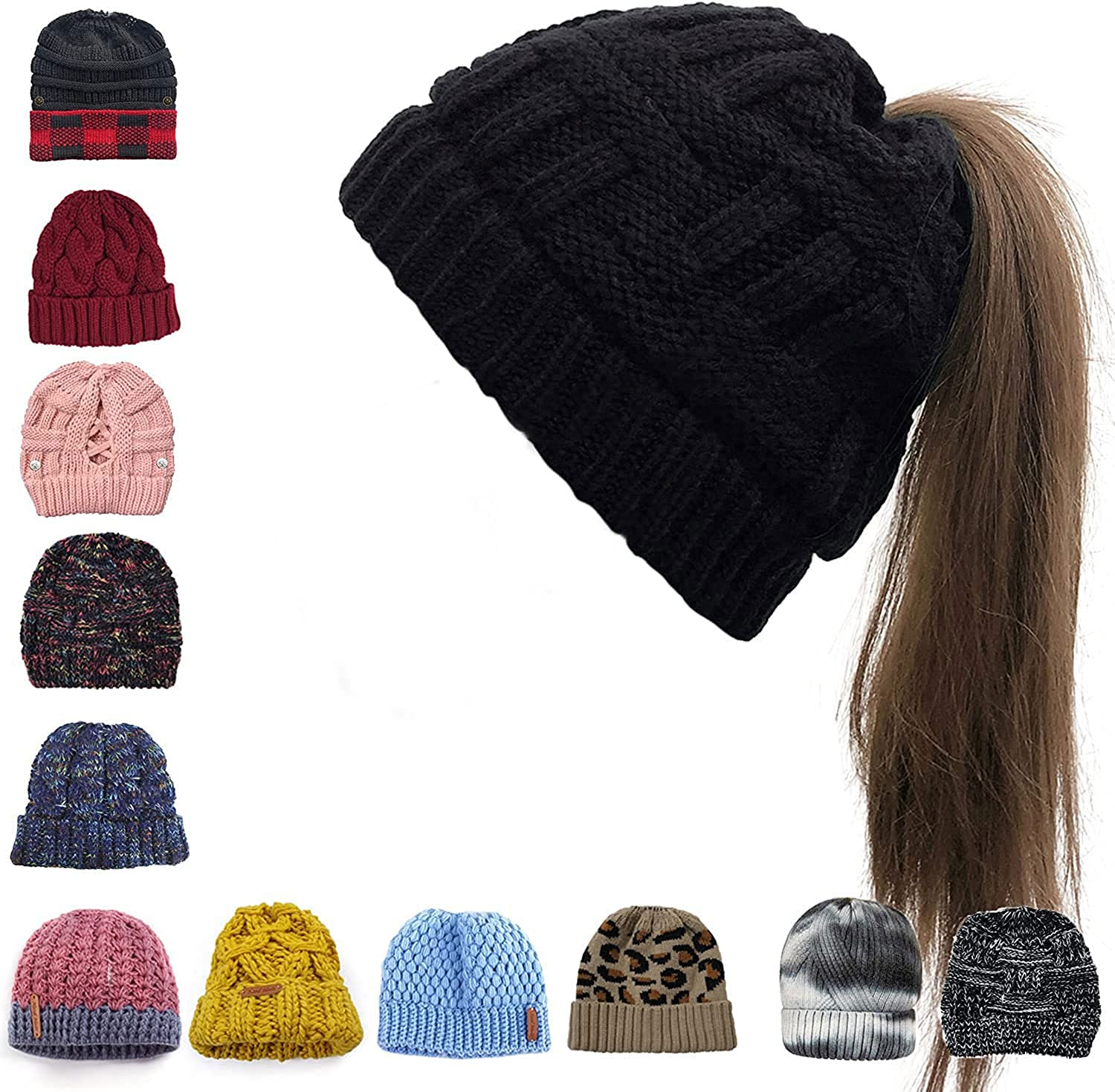 Womens Ponytail Beanie Hat with Button for Mask,Criss Cross Winter High Messy Bun Beanie Hat with Ponytail Hole…