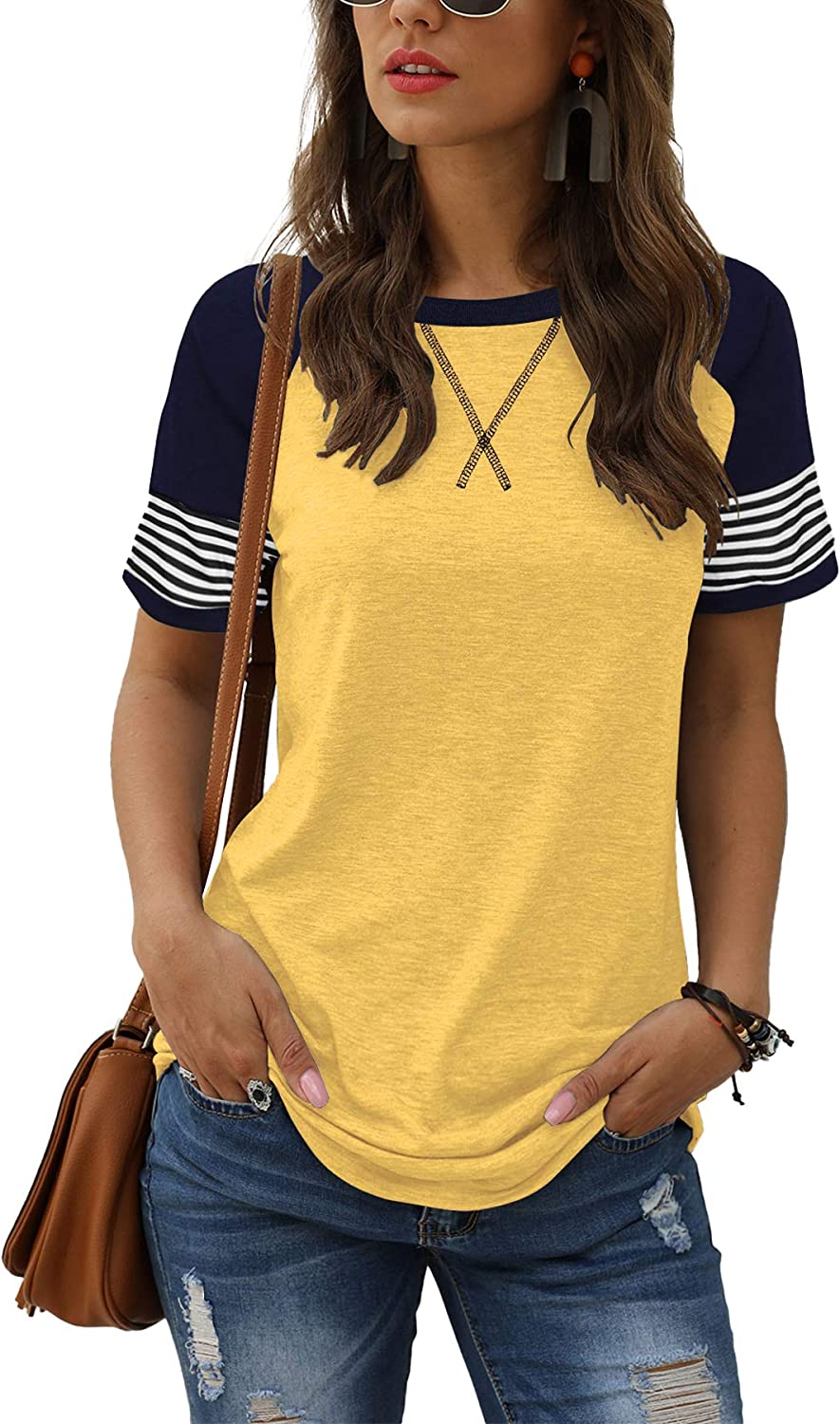 Adibosy Women's Short Sleeve Tops Leopard Color Block T Shirt Casual Tunic Crew Neck Striped Shirts S-XXL