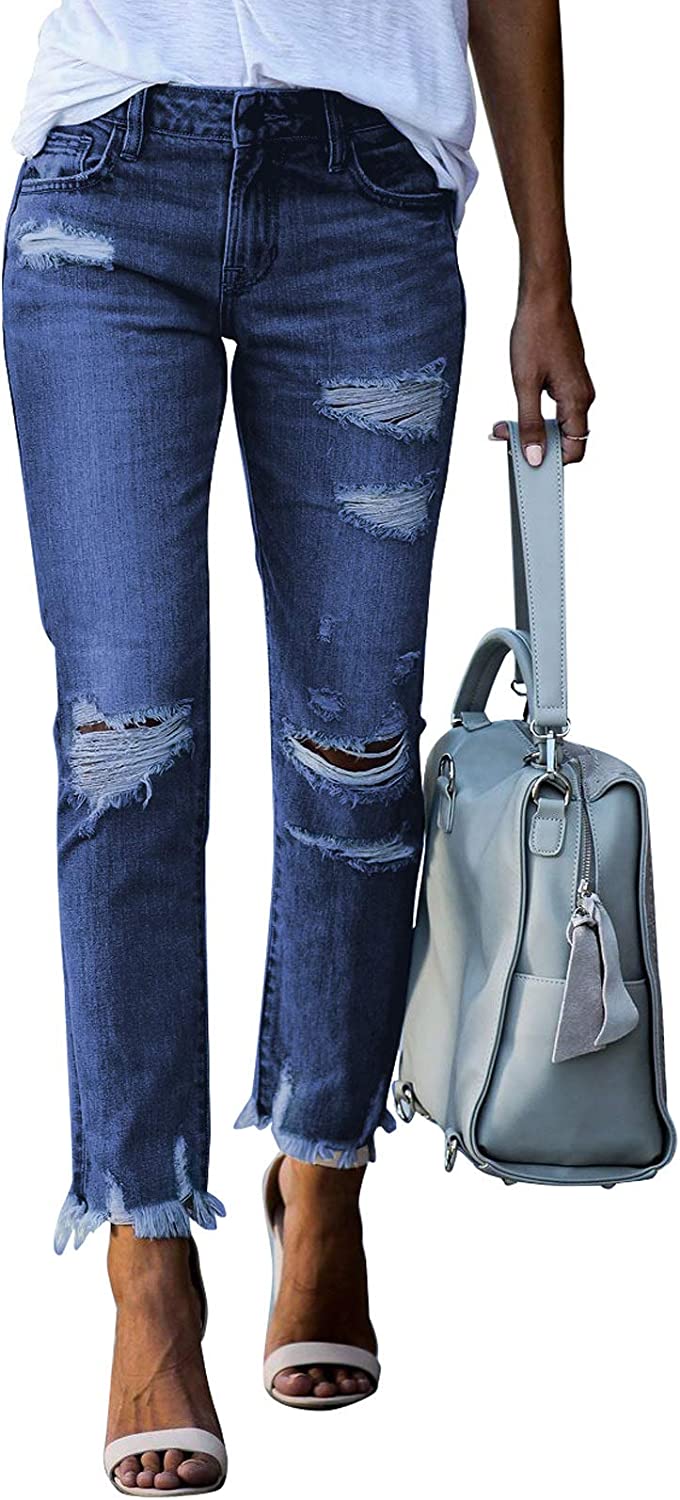 Sidefeel Women Patchwork Destroyed Raw Hem Jeans Ripped Hole Denim Pants