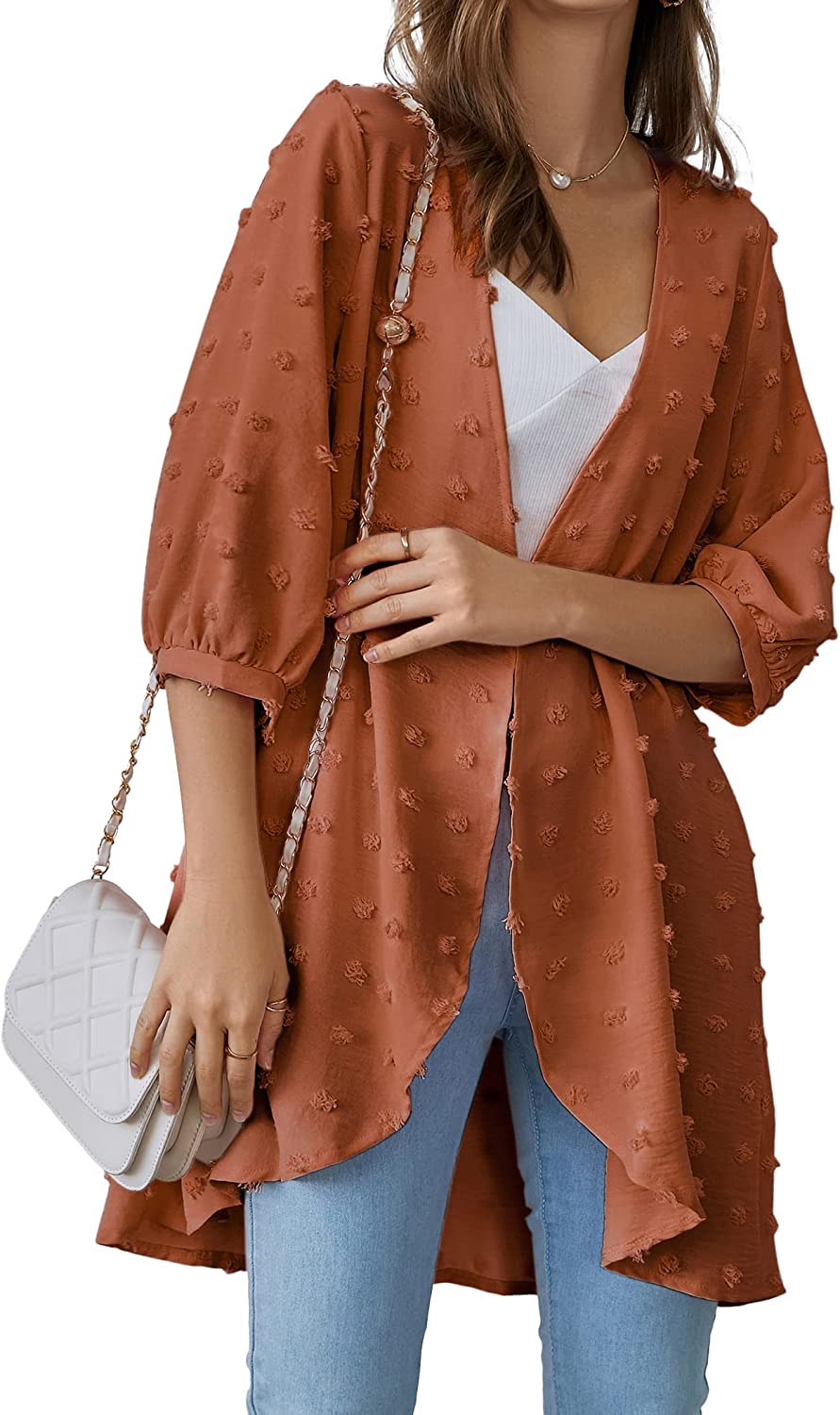 Hotouch Womens Cardigan Summer Chiffon Swimsuit Coverup Kimono Open Front 3/4 Sleeve Lightweight Beach Cover Up Tops