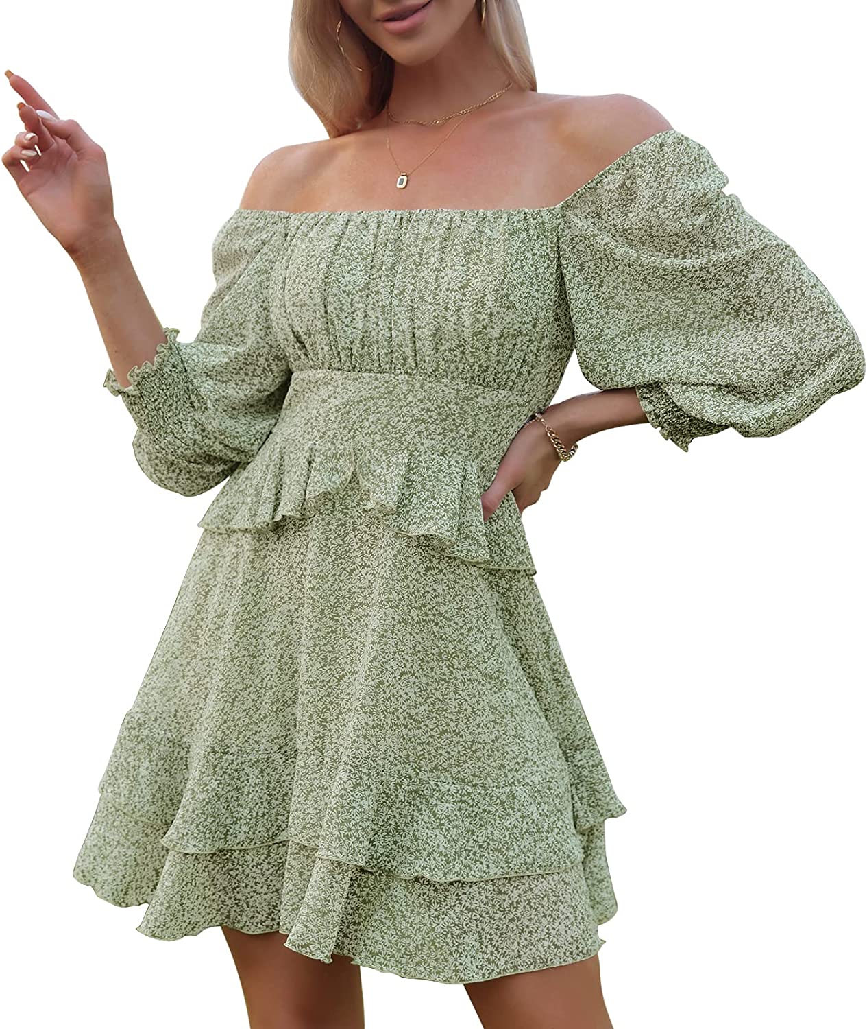 EXLURA Womens Floral Ruffle Sun Dress Sundress Tiered Square Neck Long Sleeve Off Shoulder Smocked Skater Mini Dress