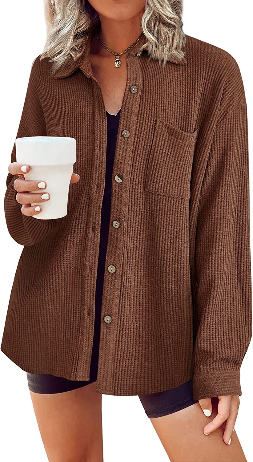 Hotouch Waffle Button Down Shirt Women Casual Knit Tops Long Sleeve Loose Fit Shacket with Pocket