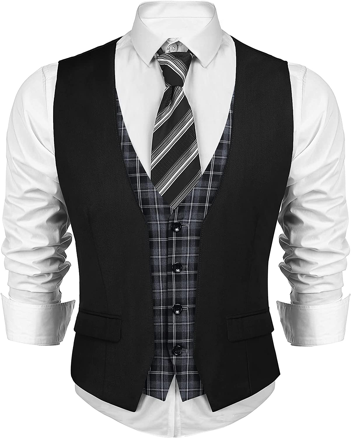 COOFANDY Men's Business Suit Vest Layered Plaid Dress Vest Waistcoat for Wedding,Party
