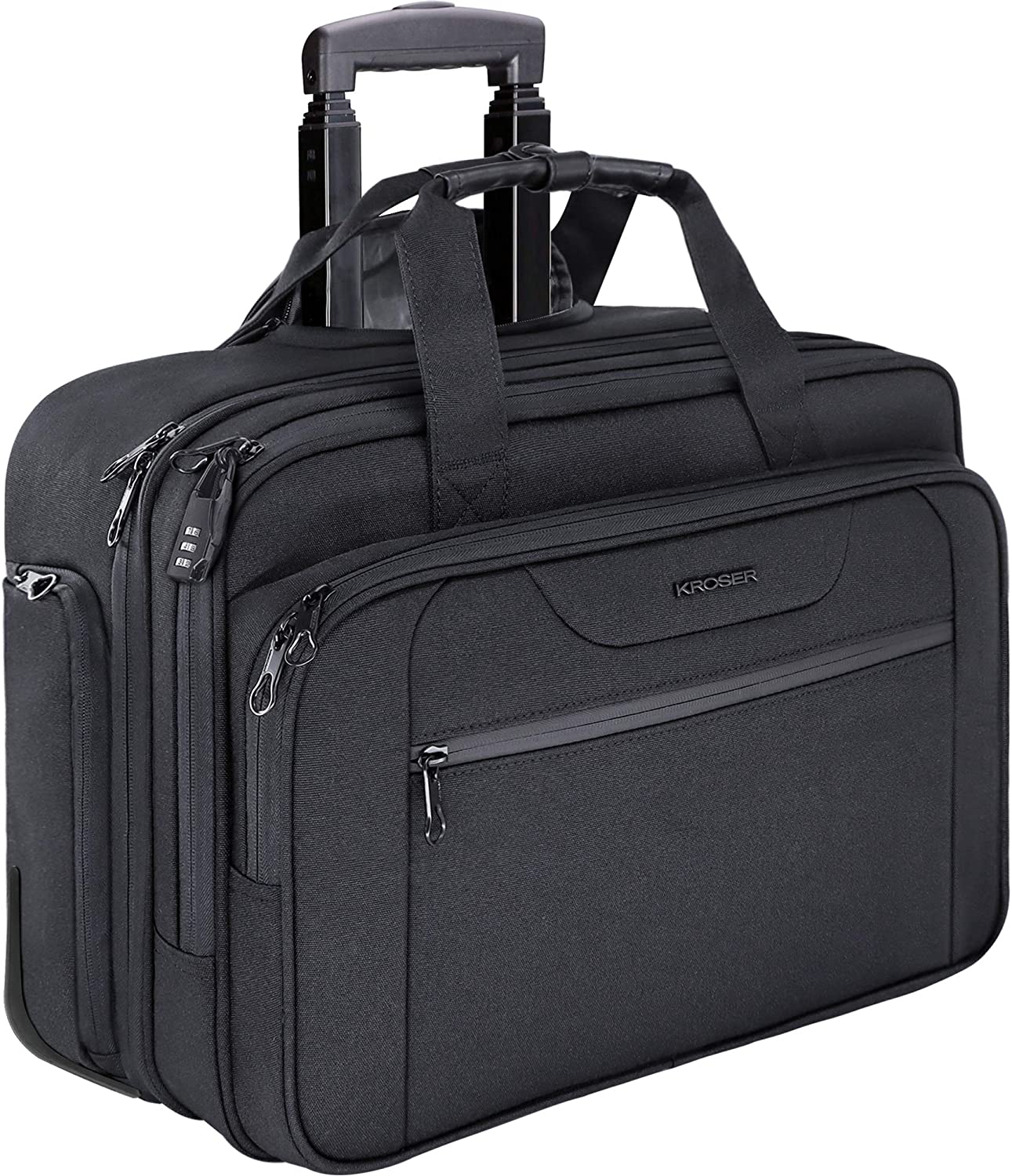 KROSER Rolling Laptop Bag Premium Wheeled Briefcase Fits Up to 17.3 Inch Laptop Water-Proof Overnight Roller Case Computer Bag with RFID Pockets for Travel/Business/School/Men/Women-Black