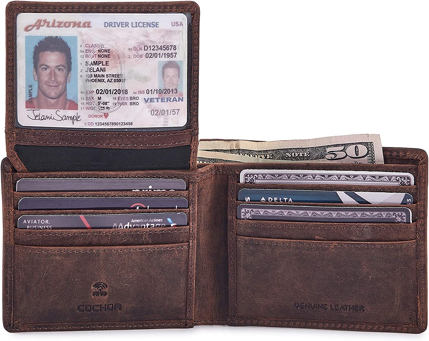 Cochoa Men's Real Leather RFID Blocking Bifold Wallet Stylish Anti Theft Security With 2 ID Window