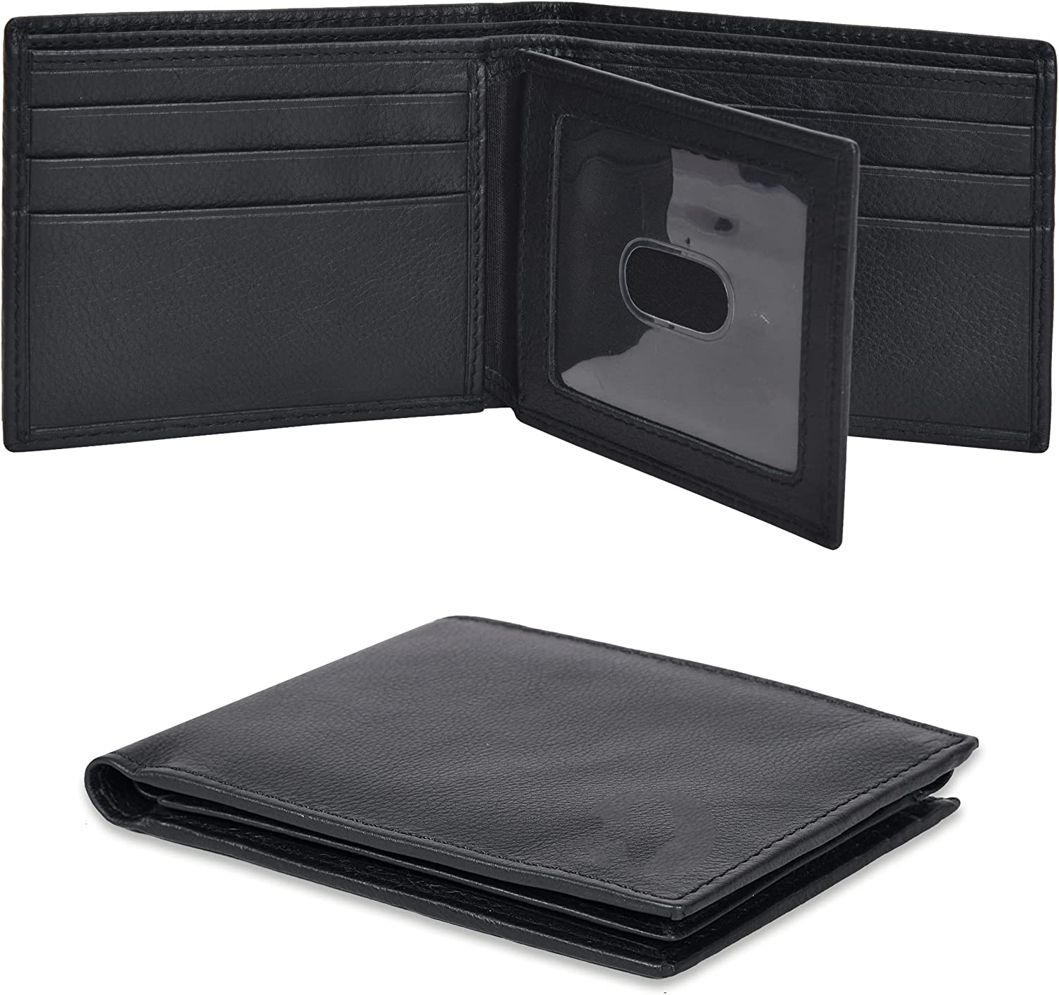 Real Leather Bifold Wallet for Men - Wallets with 9 Credit Cards 1 ID Window Slim Minimalist Front Pocket Billfold