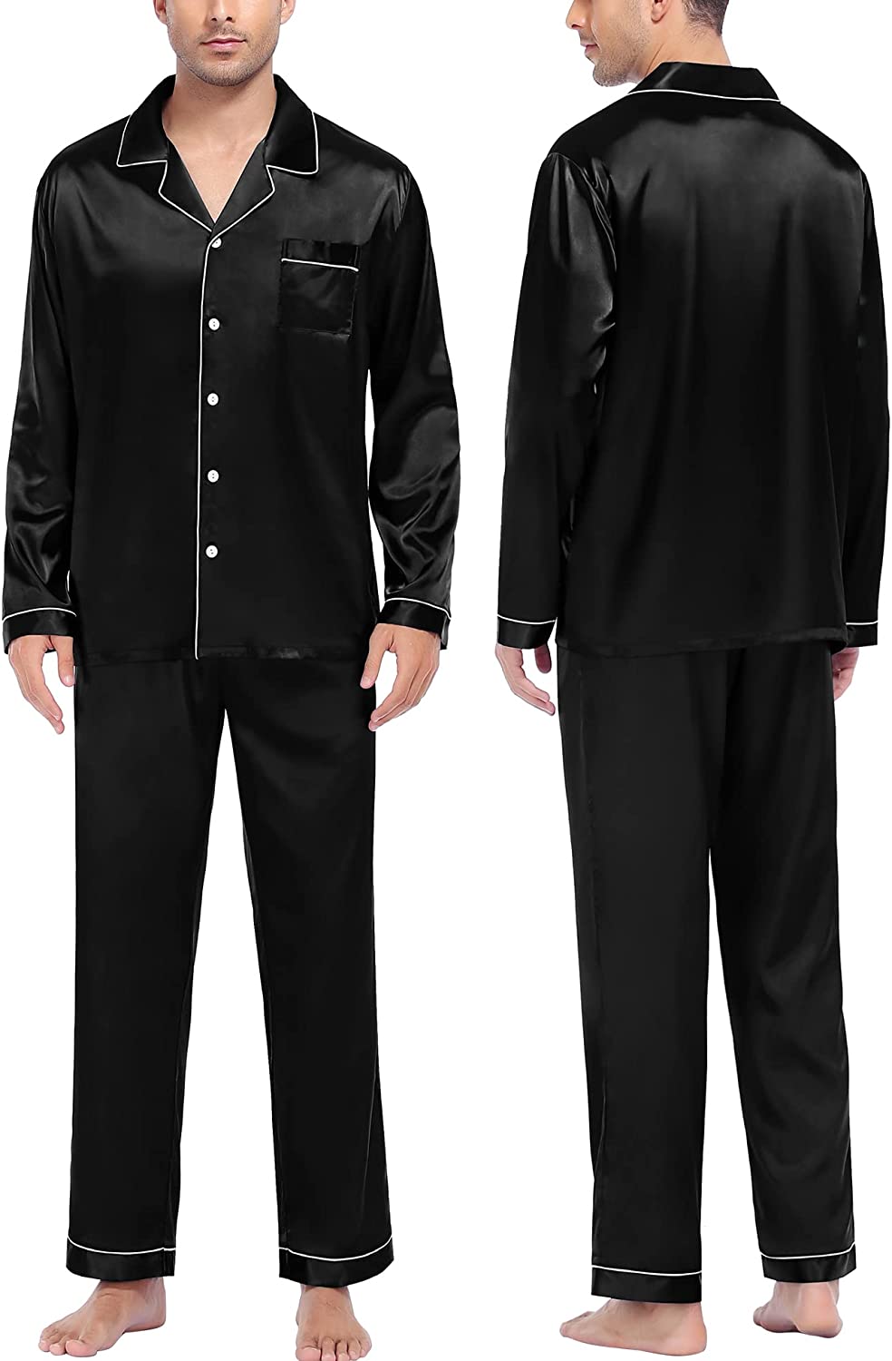 SWOMOG Mens Silk Satin Pajamas Long Sleeve Loungewear Two-piece Sleepwear Button-Down Pj Set