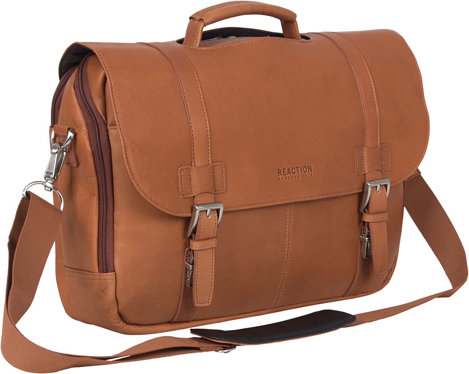 Kenneth Cole Reaction Show Business Full-Grain Colombian Leather Dual Compartment Flapover 15.6-inch Laptop Business Portfolio, Cognac