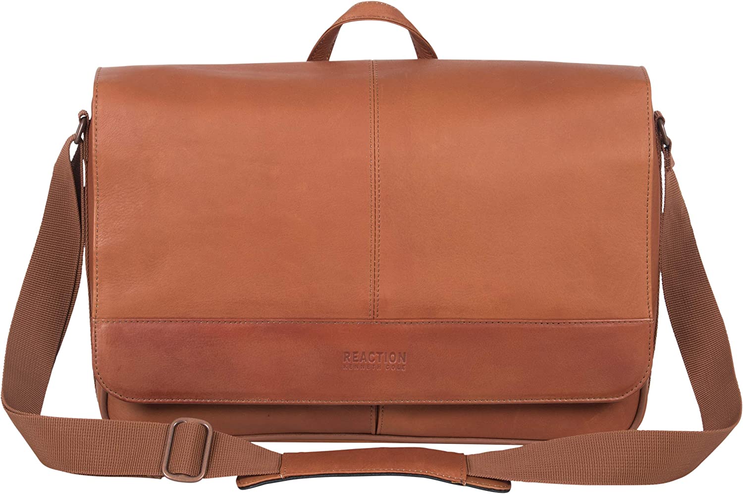 Kenneth Cole REACTION Manhattan Messenger Shoulder Satchel Bag Colombian Leather Laptop Computer & Tablet Travel Briefcase, Brown