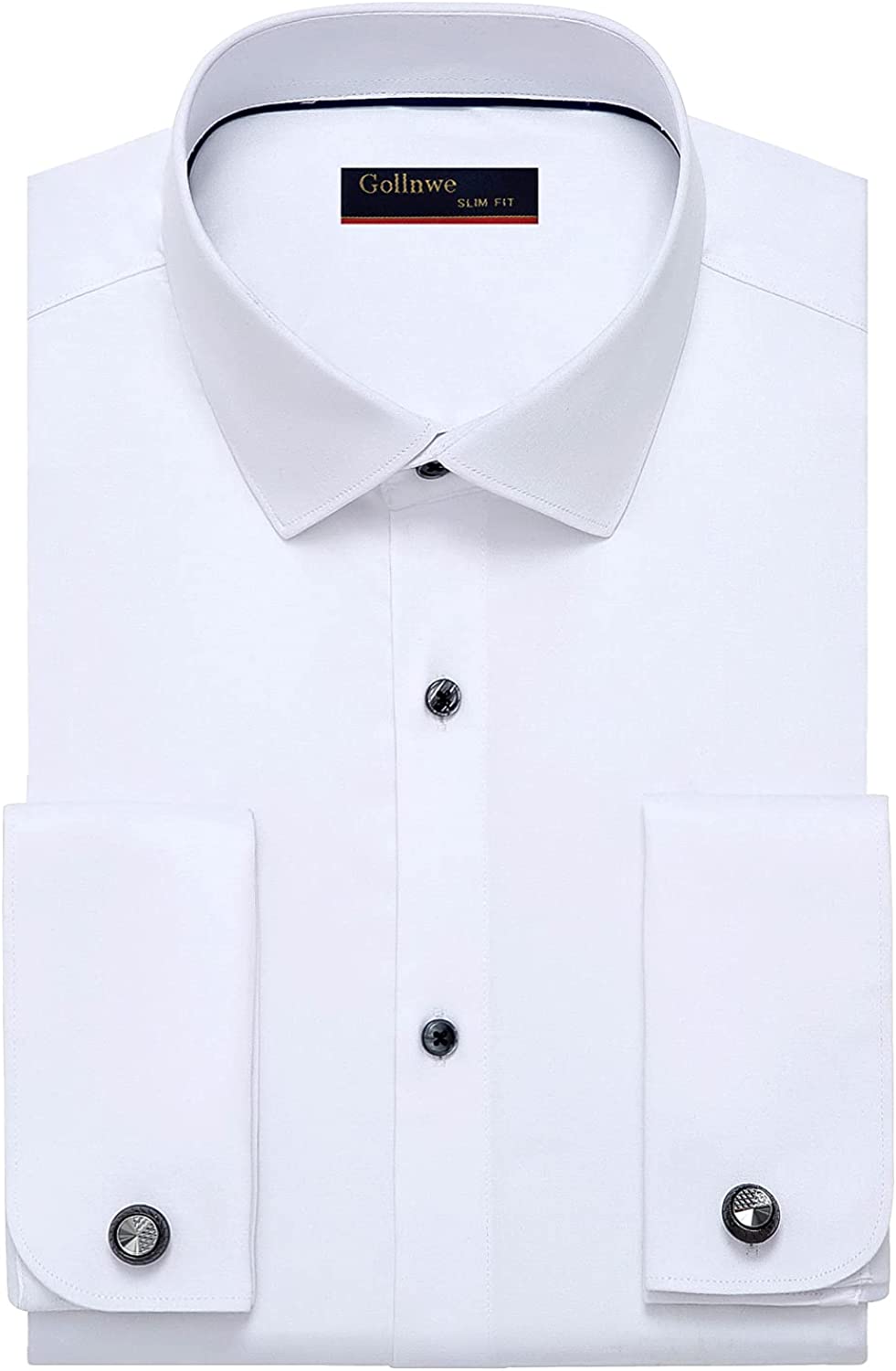 Gollnwe Men's Slim Fit French Cuff Stretch Bamboo Solid Dress Shirt