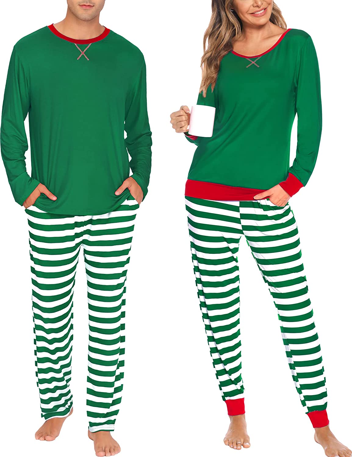 SWOMOG Men & Women Matching Pajamas Sets for Couples Long Sleeve Sleepwear Soft Lounge Set Plaid Striped Pants with Pockets