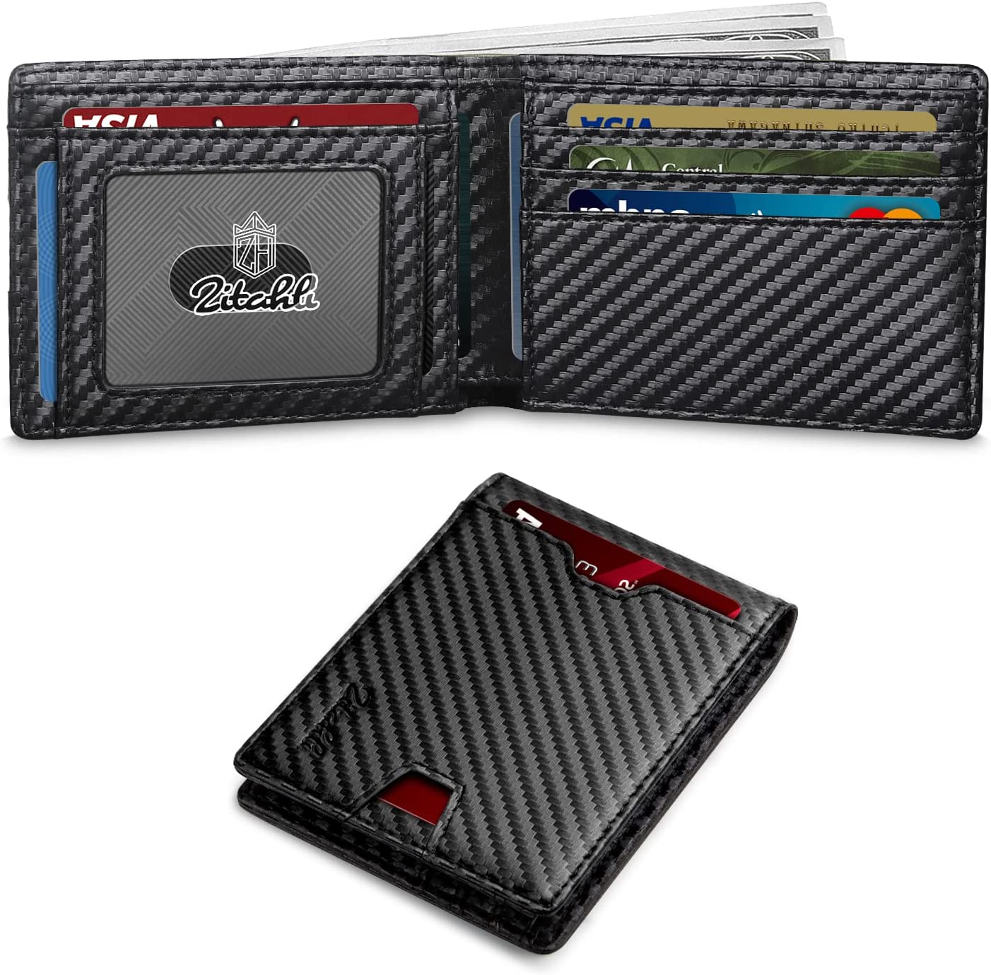 Zitahli Slim Wallet for Men with Bill Compartment RFID Leather Bifold Mens Wallet Front Pocket Wallets Minimalist Credit Card Holder With Gift Box Black