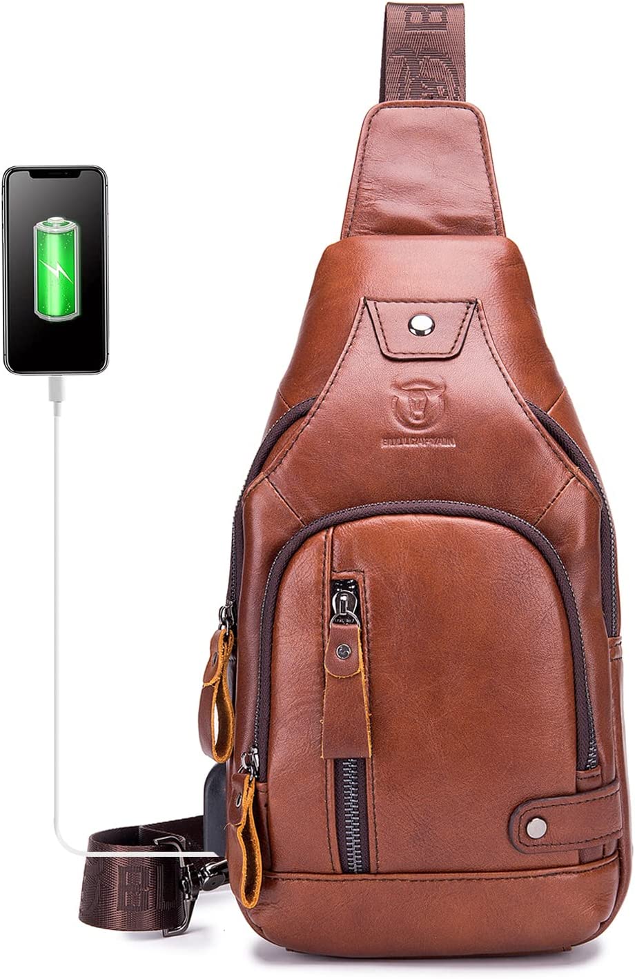 LUKZIJAES Genuine Leather Sling Bag for Men Crossbody Shoulder Chest Pack Hiking Casual Daypack Outdoor Travel Backpack (#1-Brown)