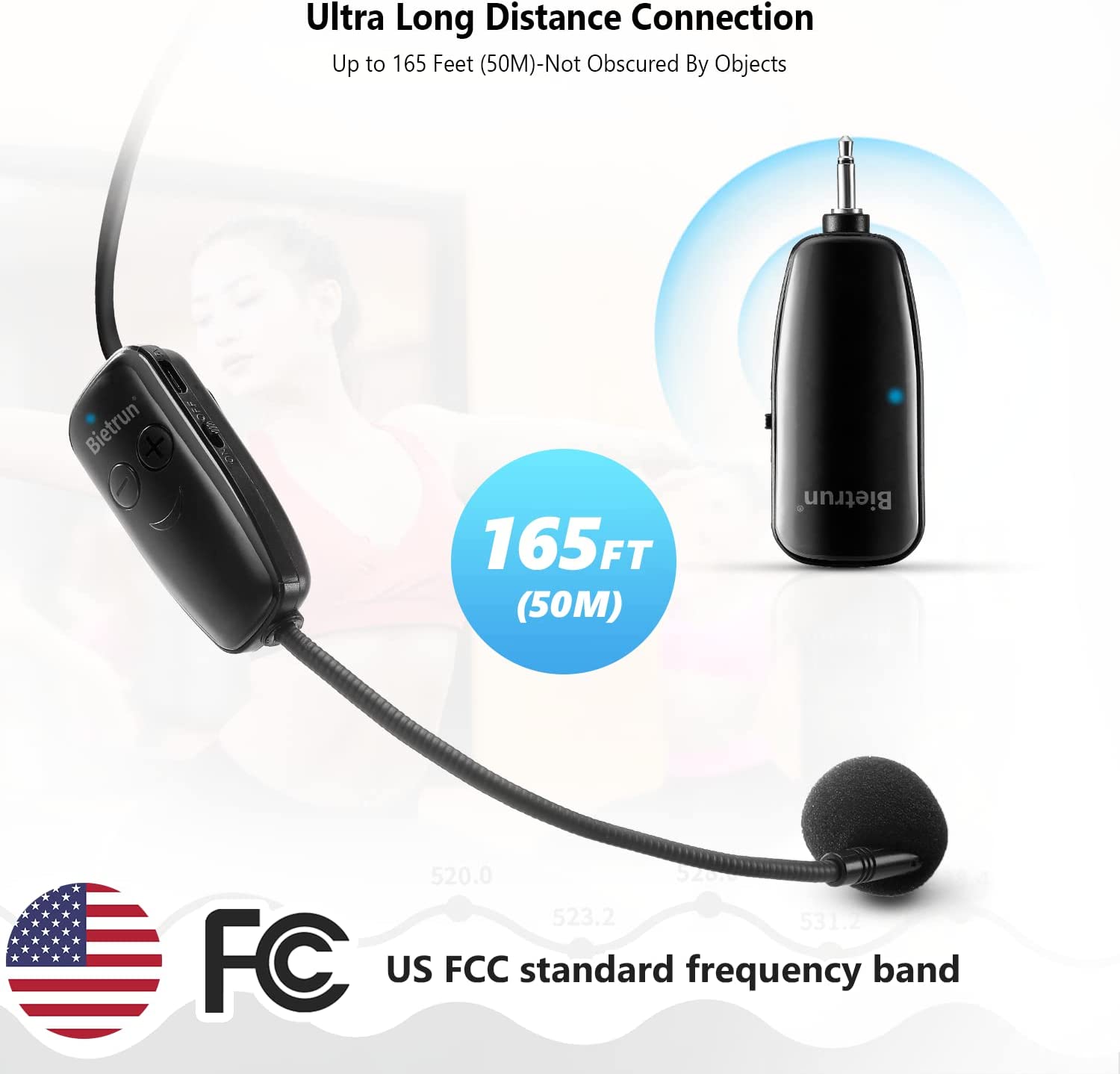 Bietrun UHF Wireless Microphone Headset， 165ft Range， Working Time 6H， 1/4''Plug， Wireless Headset Mic ＆Handheld Mic 2 in 1， for Karaoke Speaker， Amplifier， Mic Speakers， PA System， Teaching， 