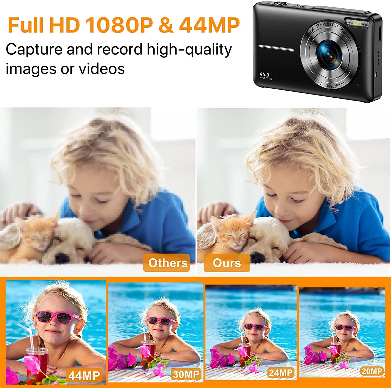 Digital Camera, FHD 1080P Digital Camera for Kids Video Camera with 32GB SD Card 16X Digital Zoom, Compact Point and Shoot Camera Portable Small Camera for Teens Students Boys Girls Seniors(Black)