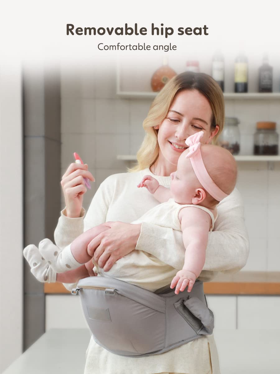 Baby Carrier with Hip Seat, Baby Carrier Newborn to Toddler, Detachable Baby Hip Seat Carrier for 7 -66lbs, All Seasons Baby Holder Carrier, All Position.(Light Grey)