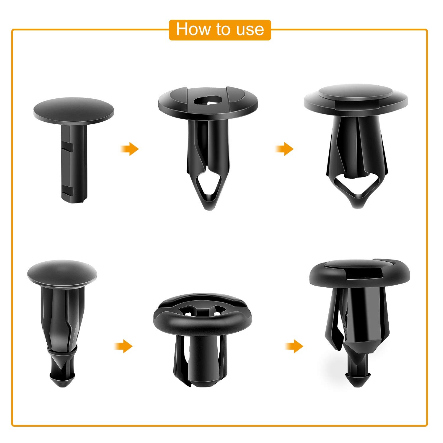 GOOACC 120PCS Car Bumper Retainer Clips & Nylon Fasteners Rivet Kit 6mm 7.6mm 8mm 8.8mm 10mm Door Trim Panel Clips Bumper Push Rivet Clips, 1PC Fastener Remover, Black