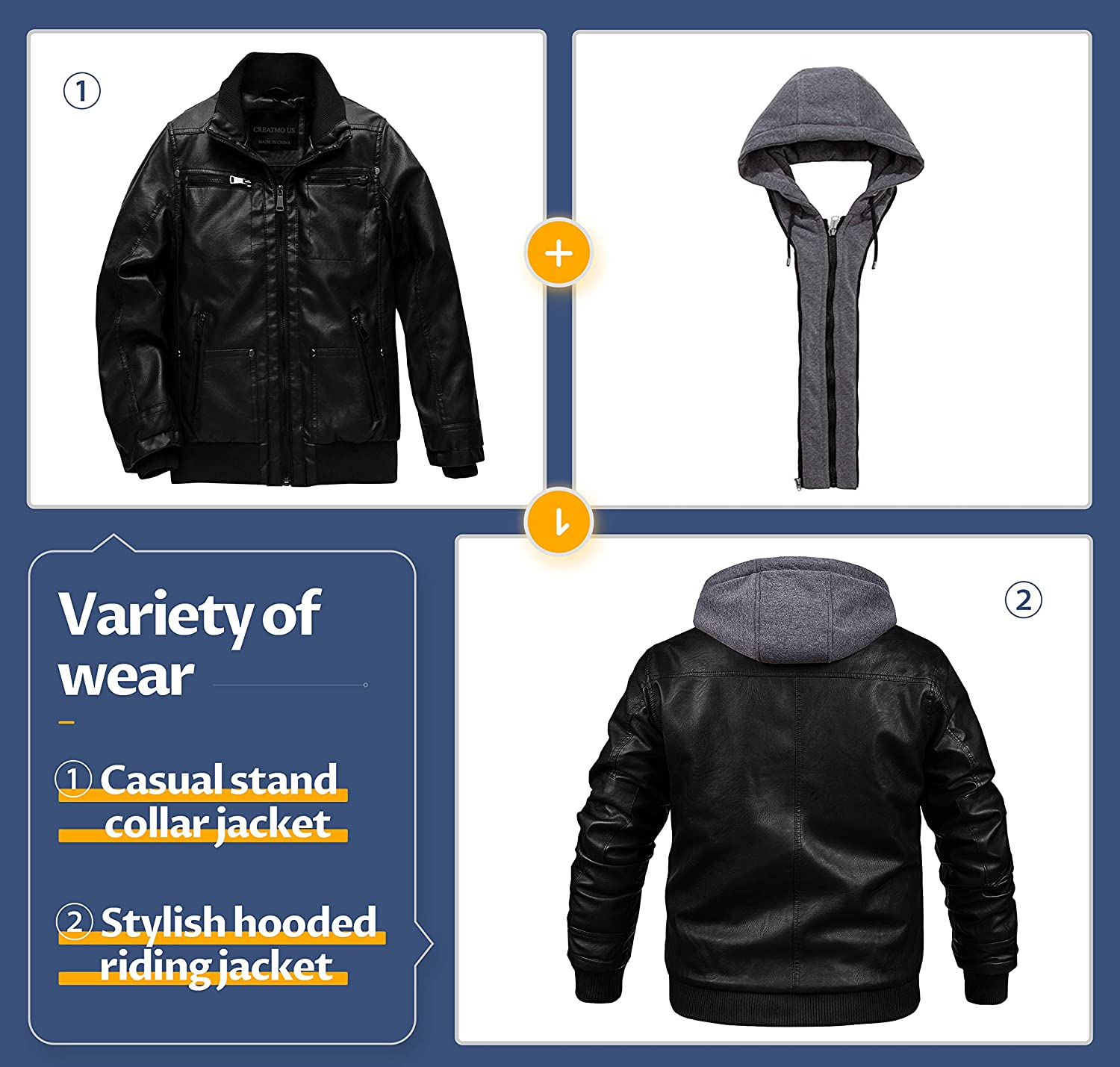 CREATMO US Men's Faux Leather Jacket Motorcycle Jacket Waterproof Windproof PU Moto Vintage Bomber Hoodie with Removable Hood