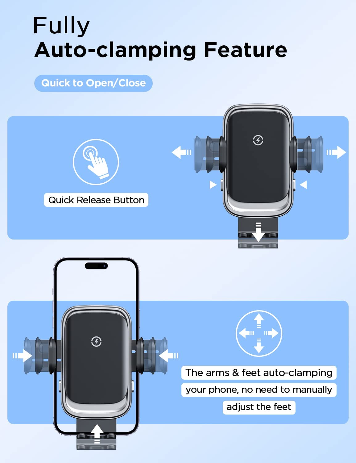 Wireless Car Charger Mount, 15W Full Auto-Clamping Fast Charging Air Vent Dash Windshield Phone Car Holder for iPhone 14 Pro/13 Pro/ 12/11/Xr/8, Samsung S23/S22/S21/Note 20(with QC 3.0 Car Charger)