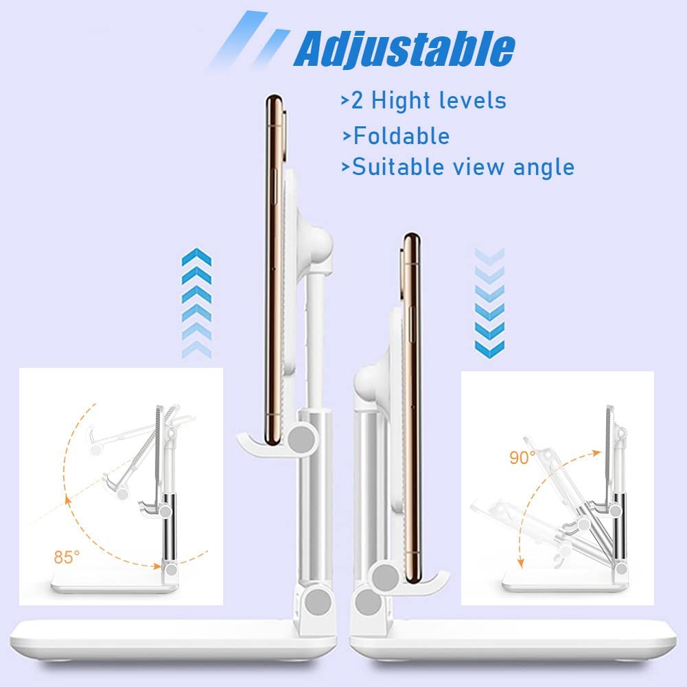 OGMAPLE Cell Phone Stand, Angle Height Adjustable Cell Phone Holder with Silicon Pad for Desk Fully Forldable Mobile Phone Holder Compatible with All Mobile Phones, MT-6, (White)