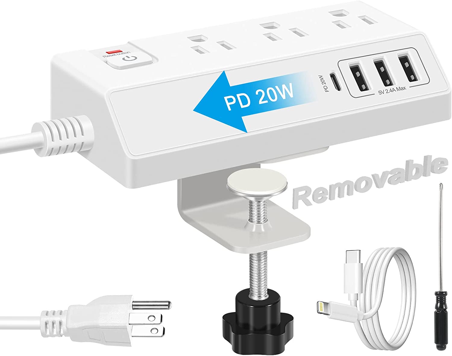 Desk Clamp Power Strip with USB C (20W PD) - Removable Surge Protector with 3 Outlet 4 USB Ports - Multi Outlet Plug Edge Mount Desktop Power Station Charging Hub - Home Office Desk Accessories