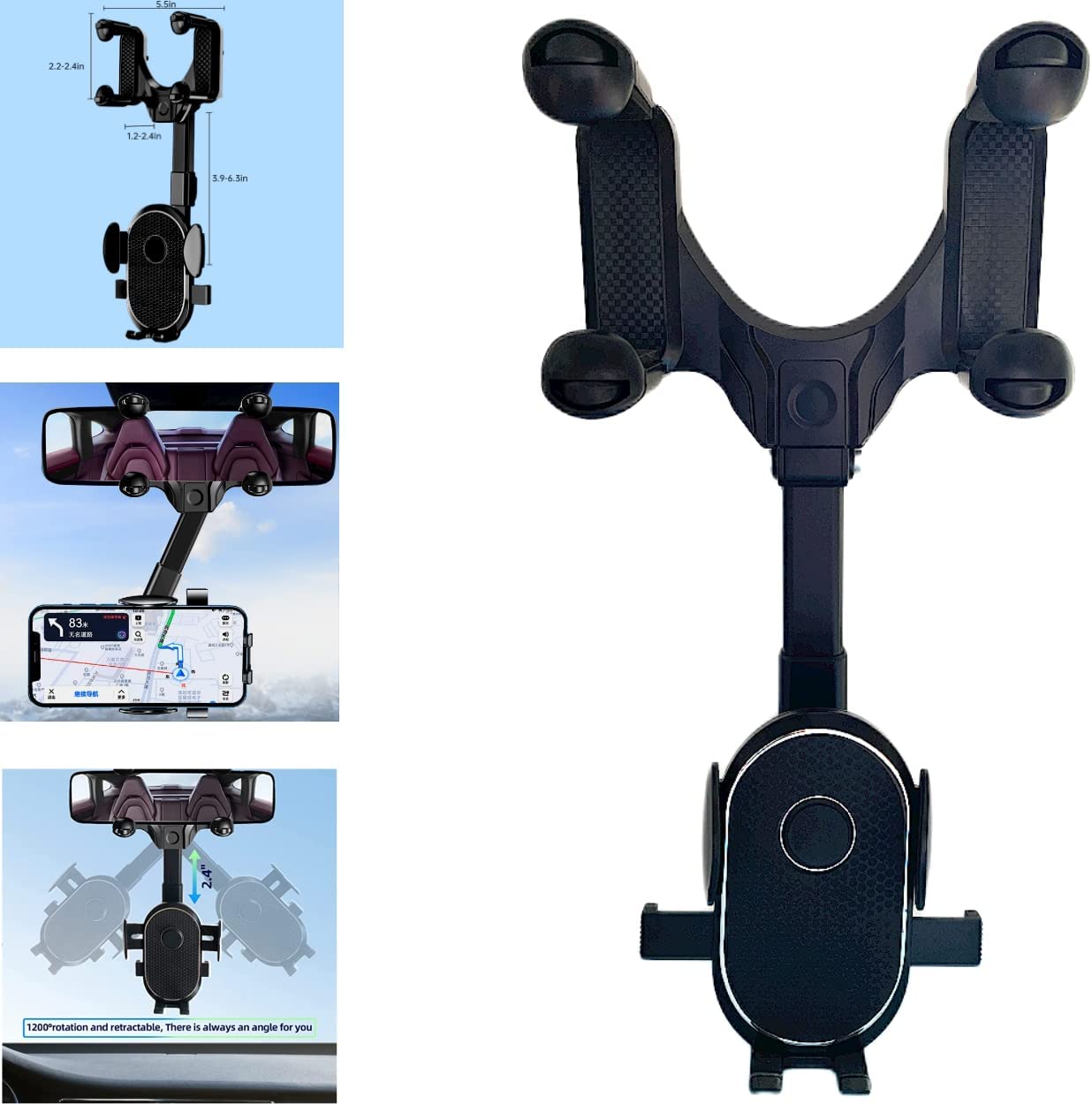 CJCTX Rear View Mirror Phone Holder for Car / 360° Rotatable and Retractable Car Phone Holder /  Phone Mount for Car Like iPhone Samsung Smartphones