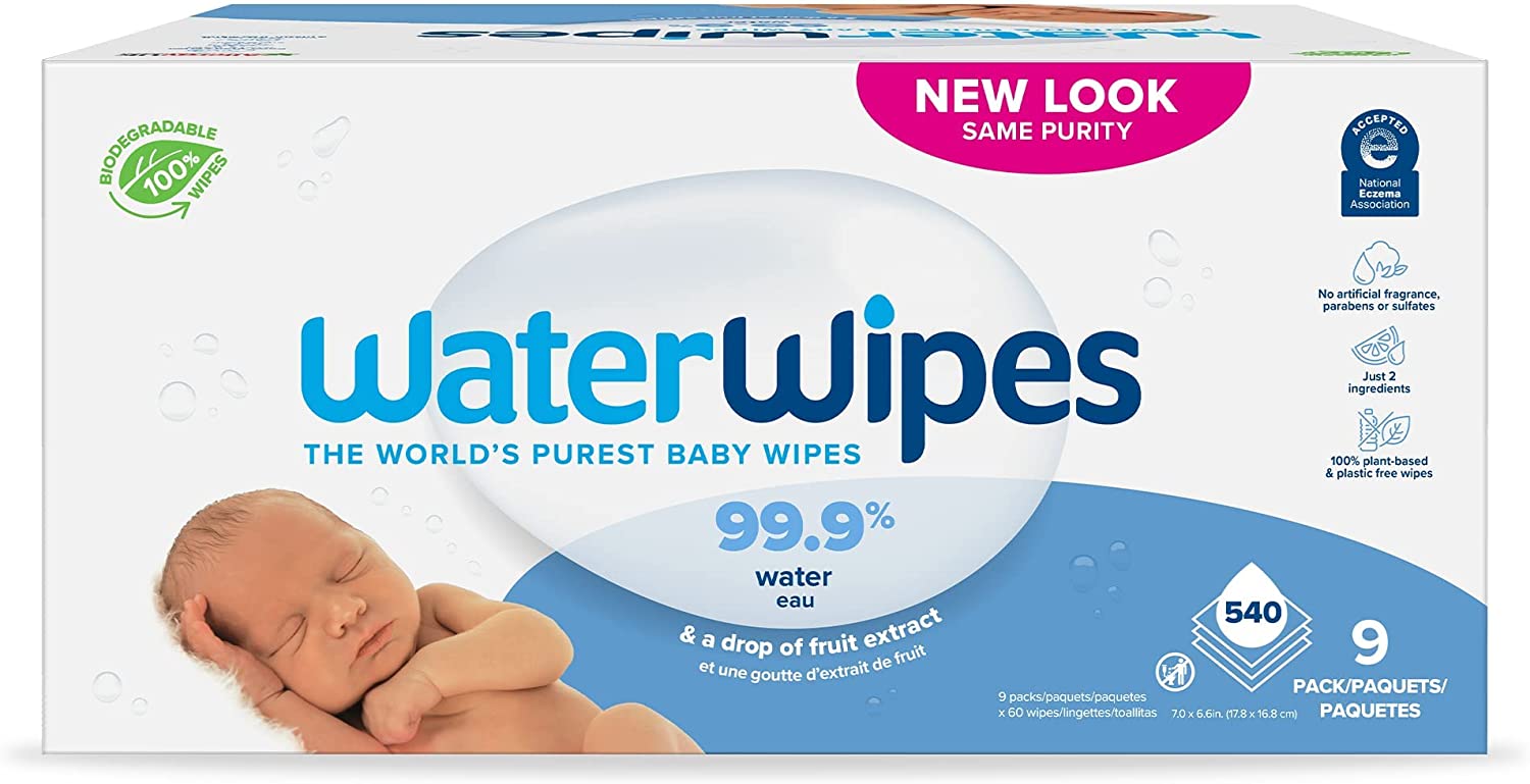 WaterWipes Plastic-Free Original Baby Wipes, 99.9% Water Based Wipes, Unscented & Hypoallergenic for Sensitive Skin, 240 Count (4 packs), Packaging May Vary