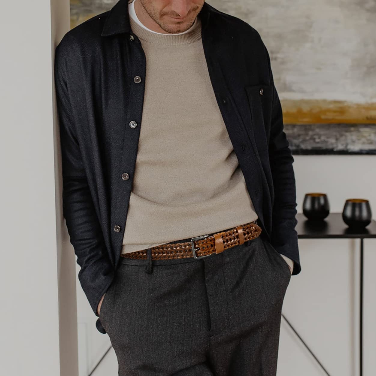 CHAOREN Braided Belt for Men - Mens Belt Leather 1 3/8" for Casual Jeans - Hand Woven Make Your Gift Awesome