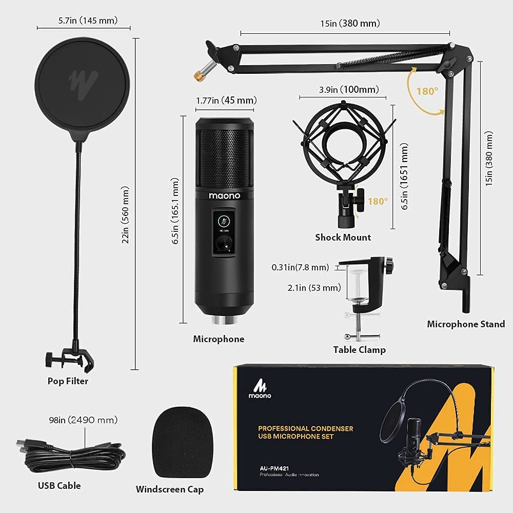 MAONO USB Microphone with One-Touch Mute and Gain Knob, Professional Condenser Computer PC Mic for Podcasting, Recording, Gaming, Live Streaming, Zoom Meeting, Studio, YouTube, Skype, AU-PM421