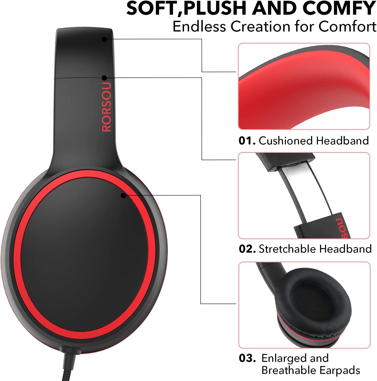 RORSOU R10 On-Ear Headphones with Microphone, Lightweight Folding Stereo Bass Headphones with 1.5M No-Tangle Cord, Portable Wired Headphones for Smartphone Tablet Computer MP3 / 4