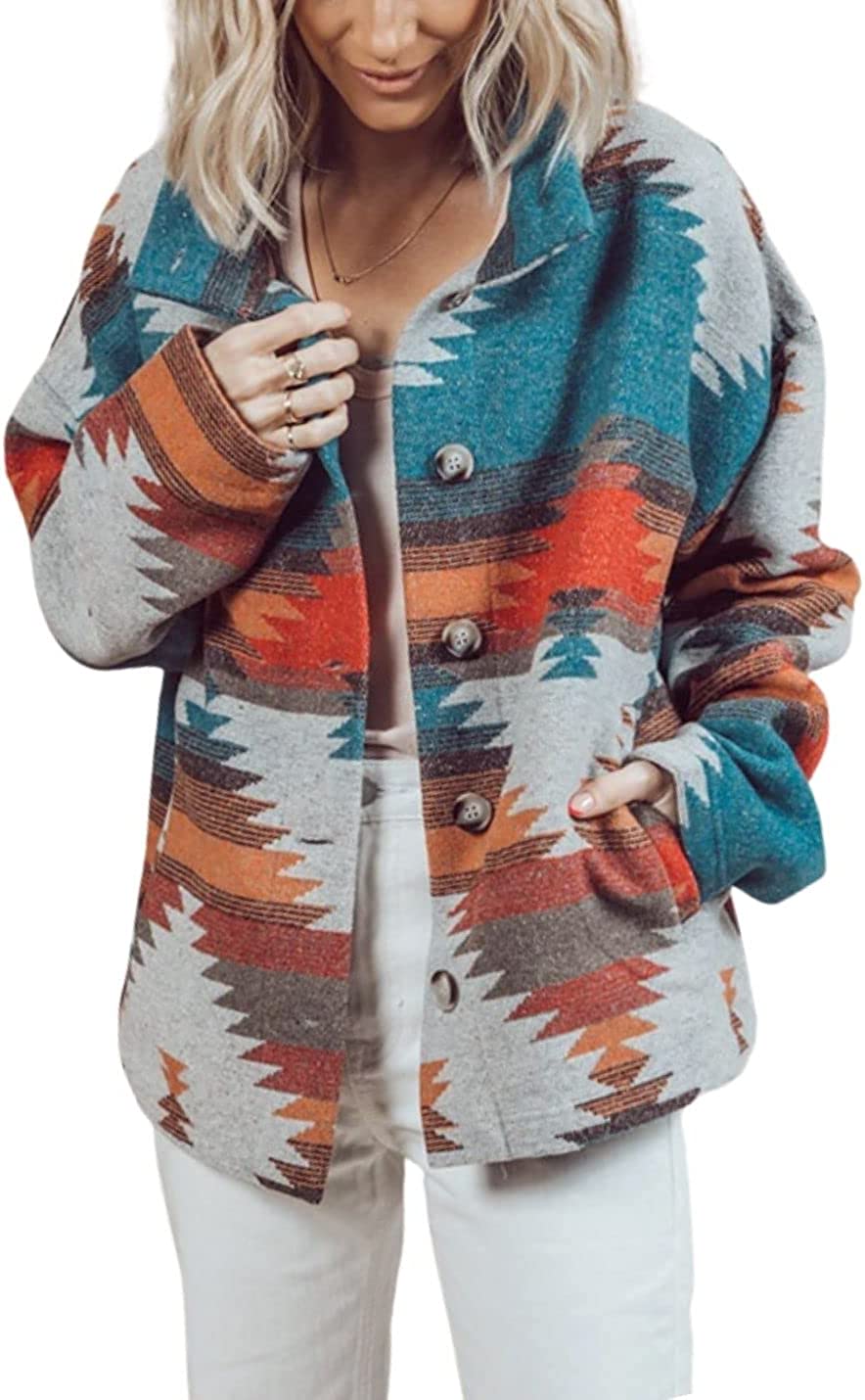 FindThy Women's Aztec Print Jacket Retro Lapel Button Pocketed Tribal Shirt Jackets Shacket