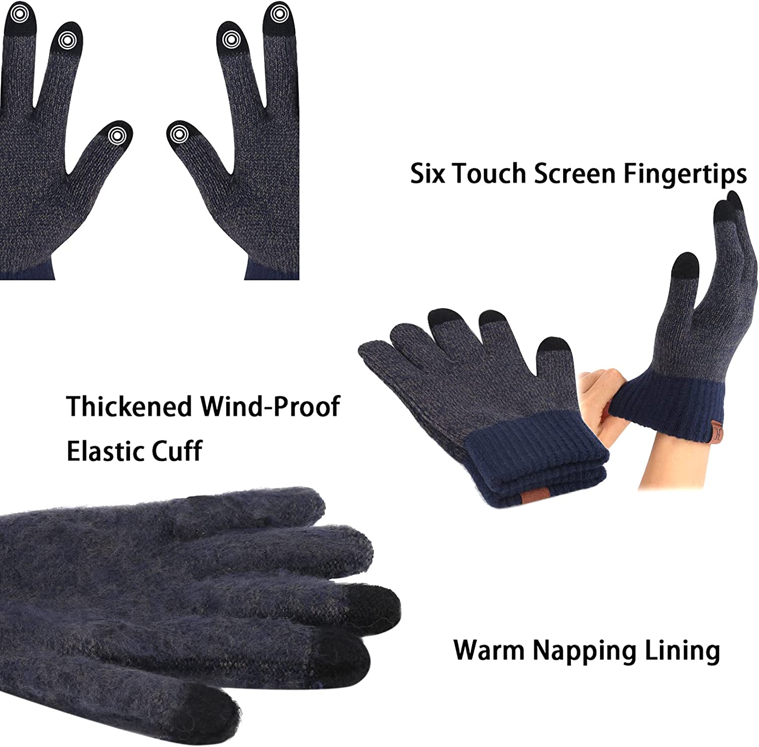 Men & Women Winter Knit Hat Beanie Long Scarf Touchscreen Gloves Set Skull Cap Neck Warmer Gloves Set with Fleece Lined