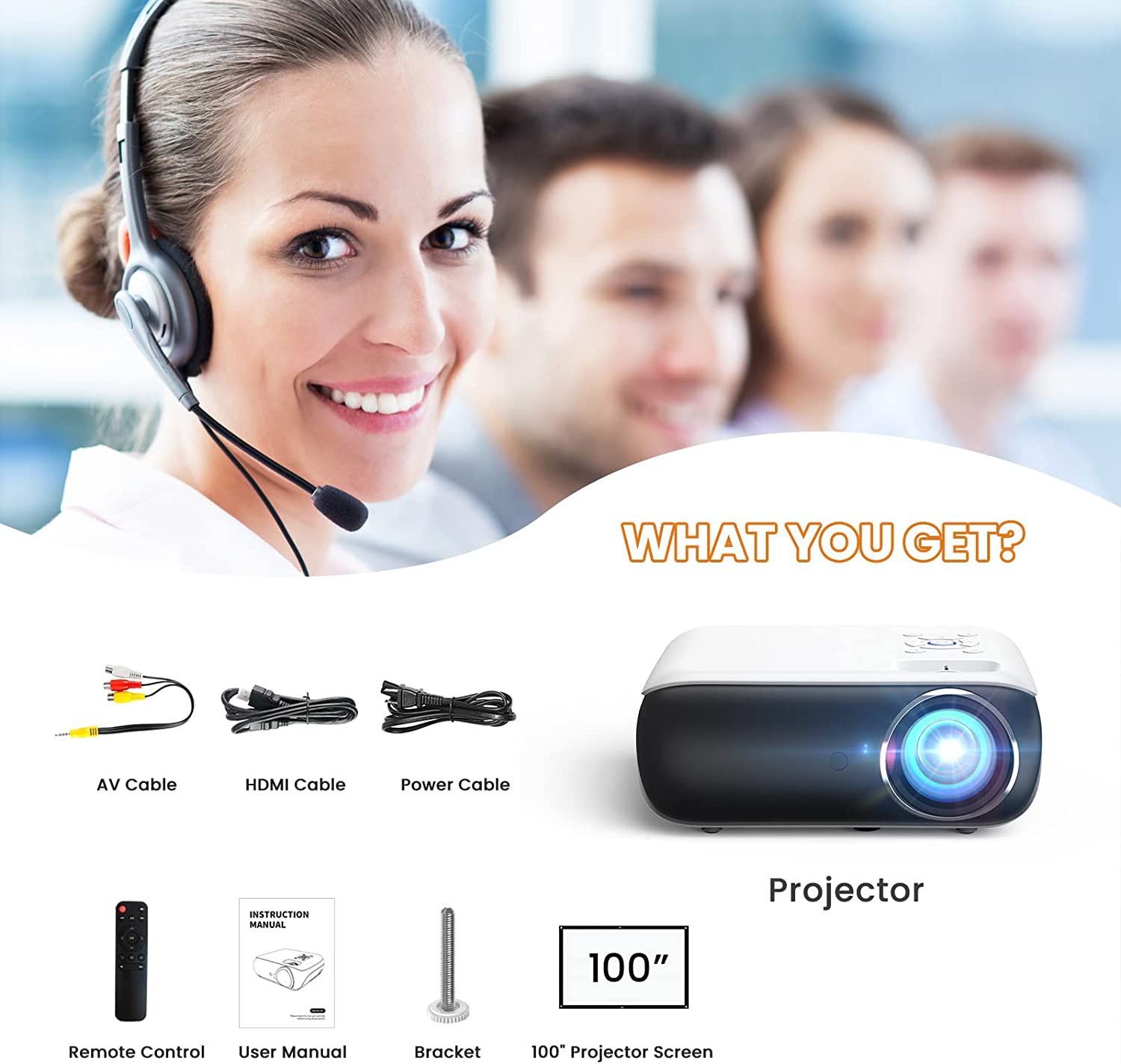 HAPPRUN Projector, Native 1080P Bluetooth Projector with 100''Screen, 9500L Portable Outdoor Movie Projector Compatible with Smartphone, HDMI,USB,AV,Fire Stick, PS5