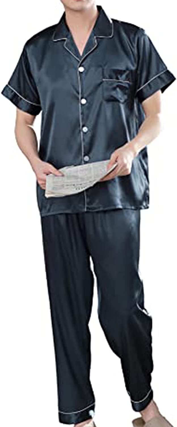 ZUEVI Men's Silk Satin Pajamas Set Short Sleeve Dragon Pattern Pjs Sets Classic Loungewear Button-Down Sleepwear