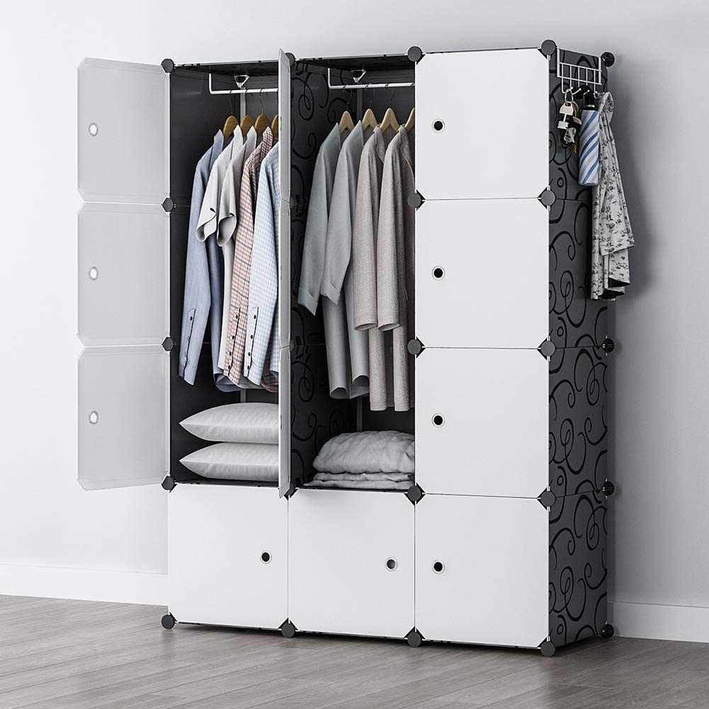 GEORGE&amp;DANIS Portable Closet Wardrobe Cube Storage Cube Organizer Cube Shelf Armoire Bedroom Dresser (42x18x56 inches) 3x4 Tiers， Black
