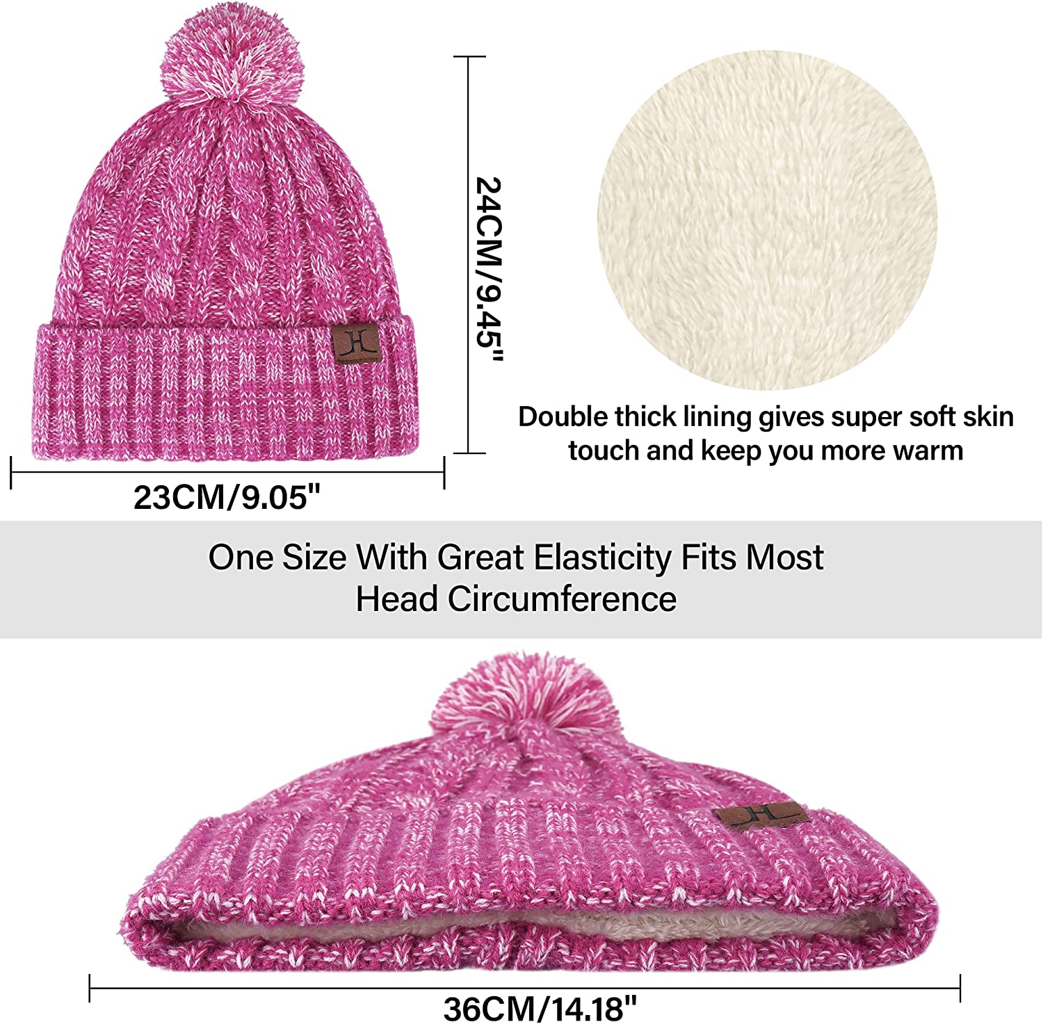 Womens Winter Warm Beanie Hat Touchscreen Gloves Long Scarf Set Ribbed Cable Knit with Fleece Lined Skull Pom Caps