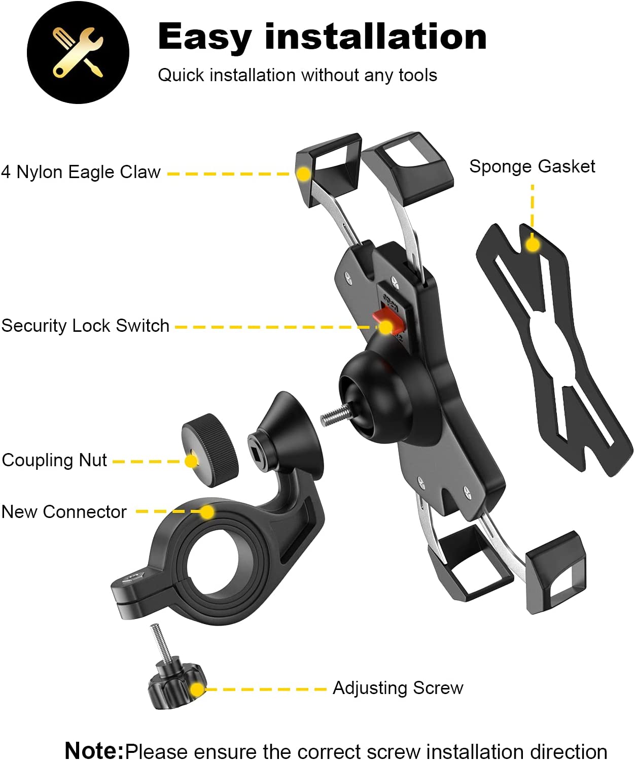 visnfa New Bike Phone Mount with Stainless Steel Clamp Arms Anti Shake and Stable 360° Rotation Bike Accessories / Bike Phone Holder for Any Smartphones GPS Other Devices Between 4 and 7 inches
