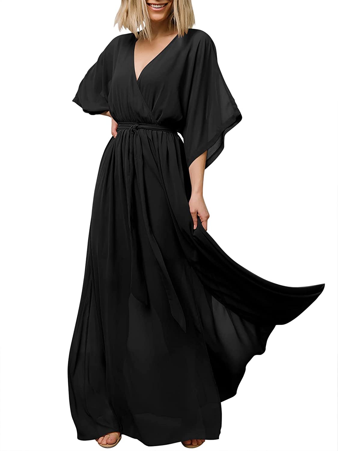 ANRABESS Women’s Summer Loose Kimono Maxi Dress Wrap V Neck 3/4 Sleeve Floral Print Slit Long Dresses