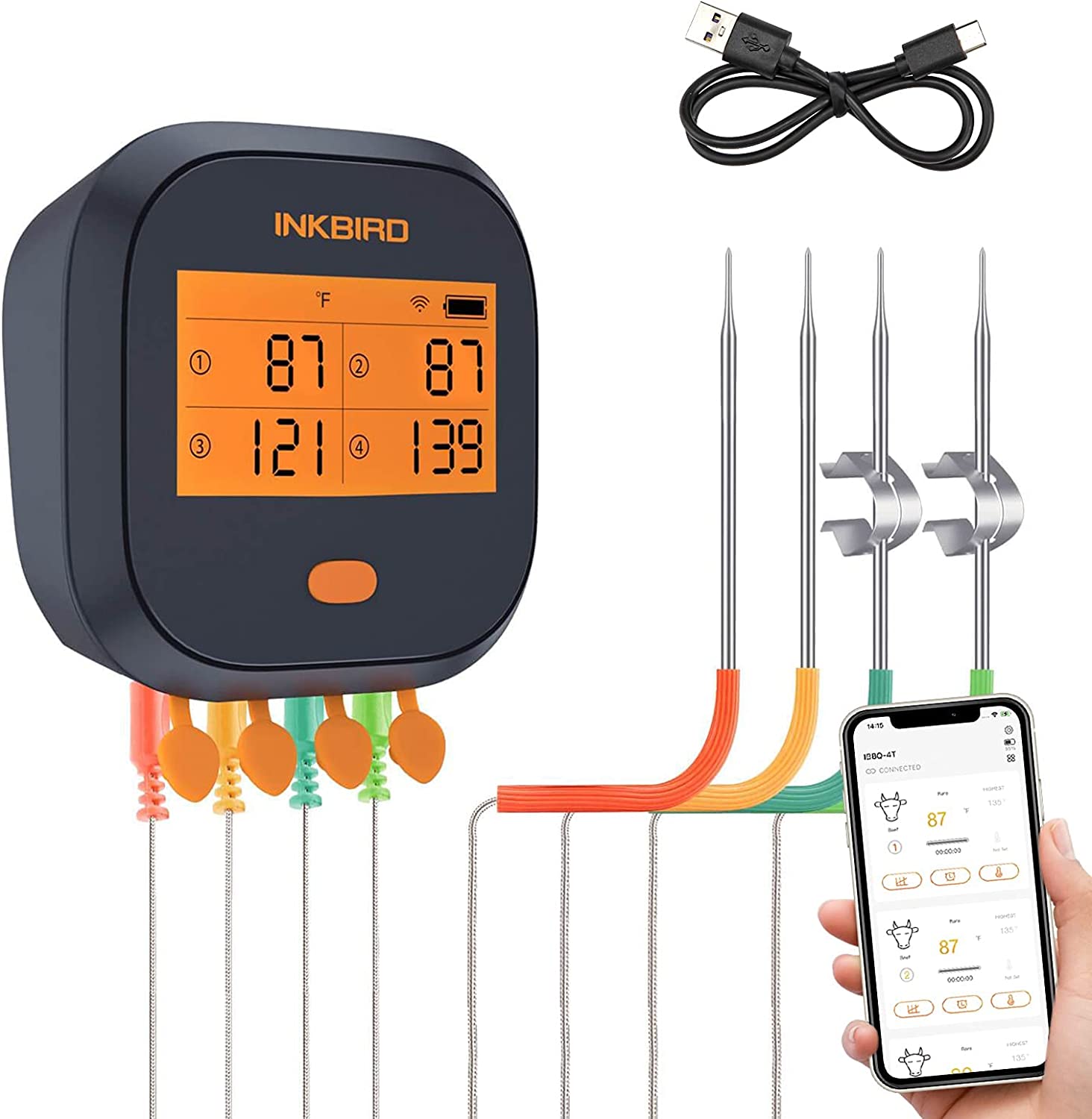 Inkbird WiFi Grill Meat Thermometer IBBQ-4T with 4 Colored Probes, Wireless Barbecue Meat Thermometer with Calibration, Timer, High and Low Temperature Alarm for Smoker, Oven, Kitchen, Drum