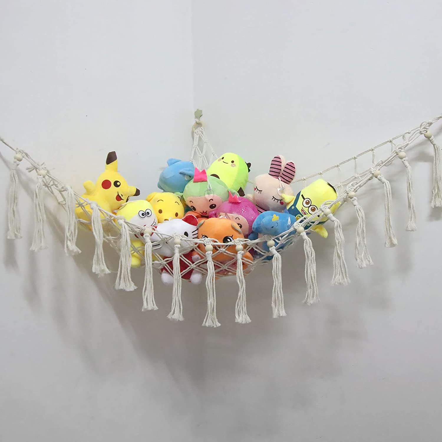 Stuffed Animal Net or Hammock with LED Light and Hooks - Stuffed Animal Storage Toy Hammock for Wall - Macrame Corner Plushie Net Jumbo, Boho Hanging Plush Organizer for Kids Bedroom Decor (41*41*57)