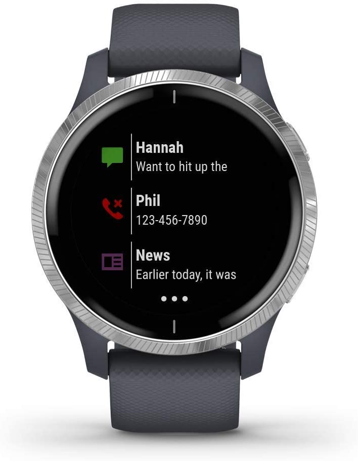Garmin Venu， GPS Smartwatch with Bright Touchscreen Display， Features Music， Body Energy Monitoring， Animated Workouts， Pulse Ox Sensor and More， Silver with Dark Gray Band (Renewed)