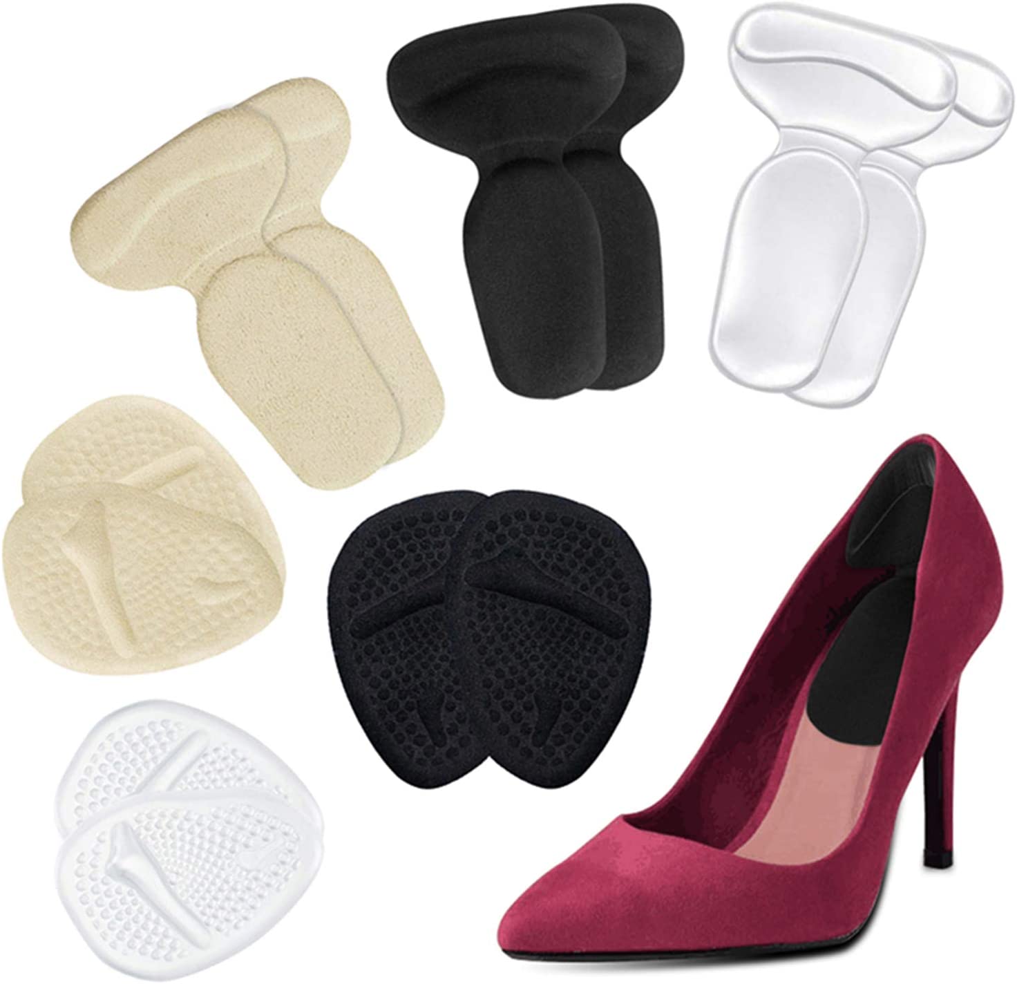 Heel Cushion Inserts and Metatarsal Pads for Women, 3 Pairs Heel Grips and 3 Pairs Ball of Foot Cushions, Silicone Shoe Pads Insoles for High Heels, Blister Prevention for Too Big Shoes …