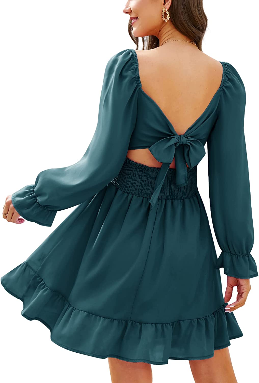 AISWI Women's Tie Back Flowy Dress Long Lantern Sleeve Square Neck Ruffle Elastic Waist Aline Casual Mini Dress