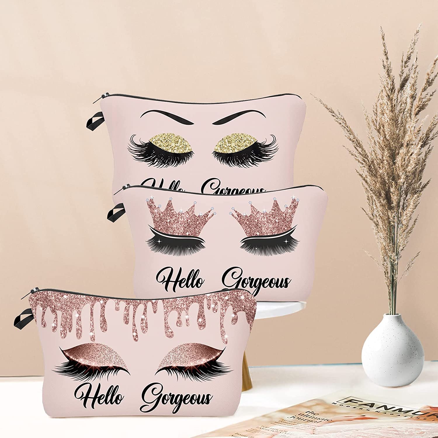 Hello Gorgeous Makeup Bag for Purse Eyelash Pink Cosmetic Bags for Women Inspirational Gift for Girls Small Funny Cosmetics Glitters Eyeshadows Travel Bag Cases for Toiletries Accessories Organizer