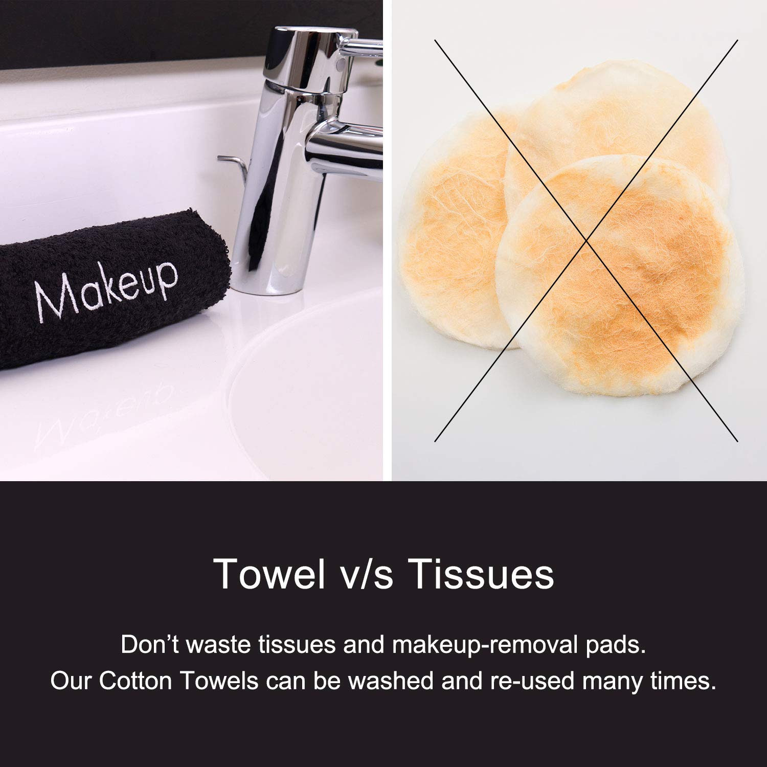 Arkwright Makeup Remover Wash Cloth - 100% Cotton Soft Quick Dry Fingertip Face Towel Washcloths for Hand and Make Up, 13 x 13 in. (Pack of 6), Black